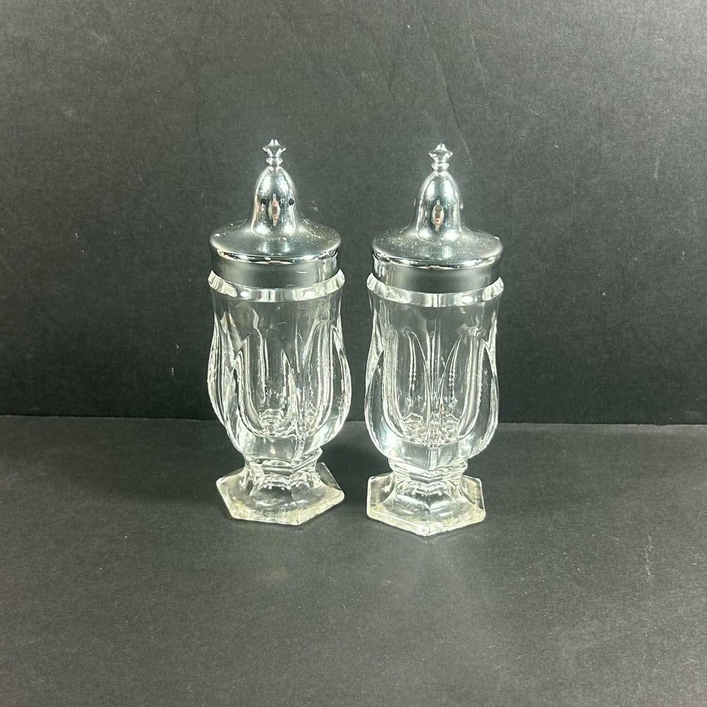 Vintage Fostoria Crystal Revere Footed Metal Lid Salt and Pepper Shaker Set